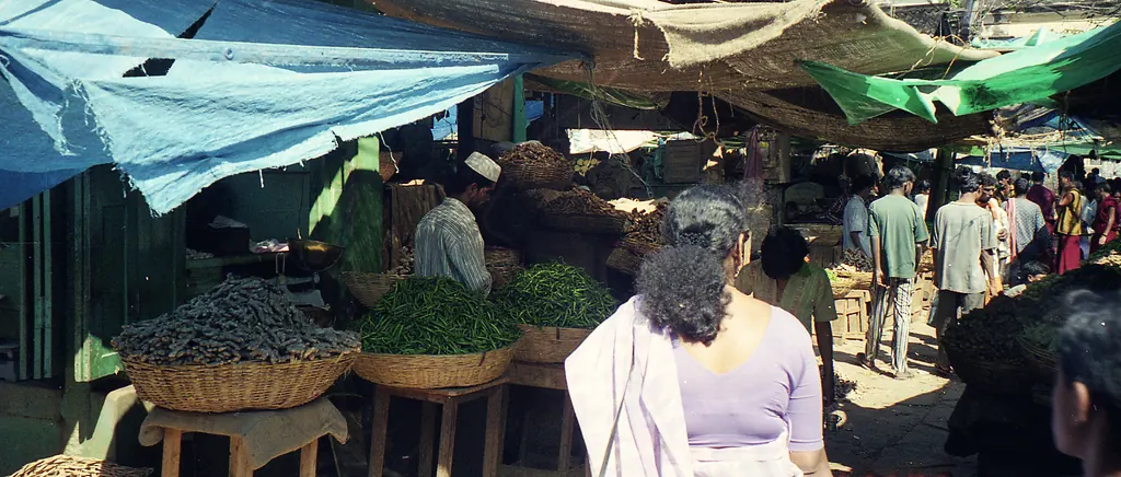 Shoppers and vendors at a crowded vegetable market in Mysore