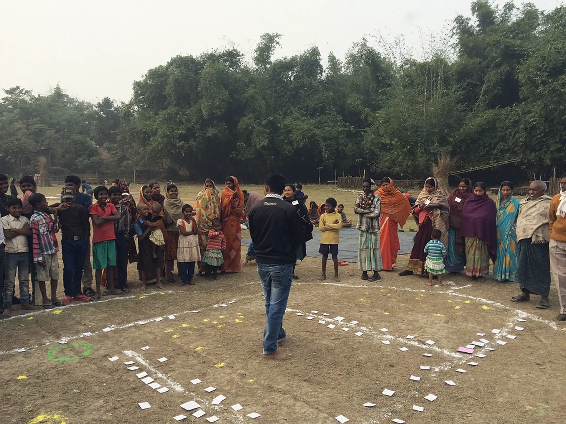 Villagers gathered around a community map drawn on the ground in West Bengal