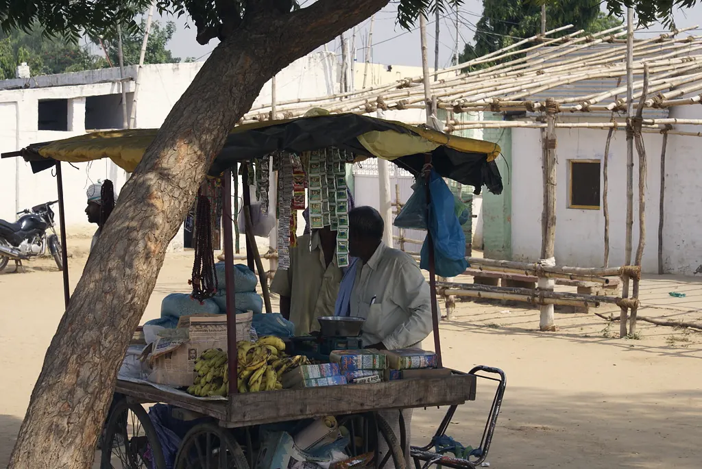 A village vendor’s cart stocked with fruit and everyday products under a tree